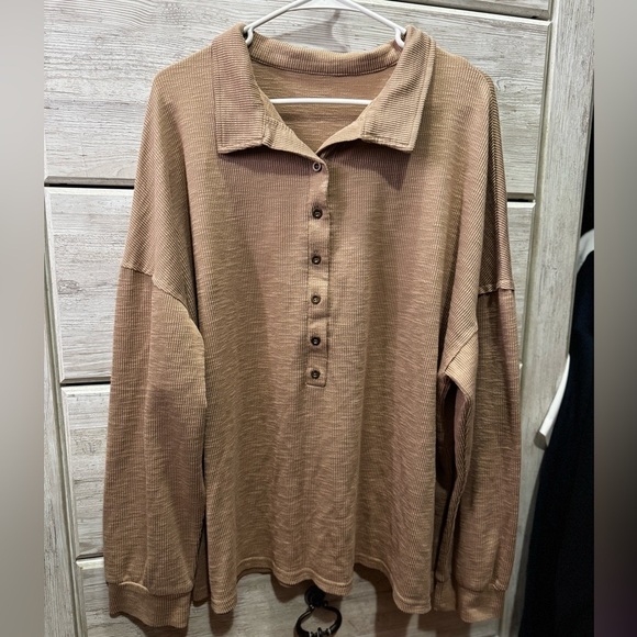 None Tops - Brown Button-Up Collared Shirt
